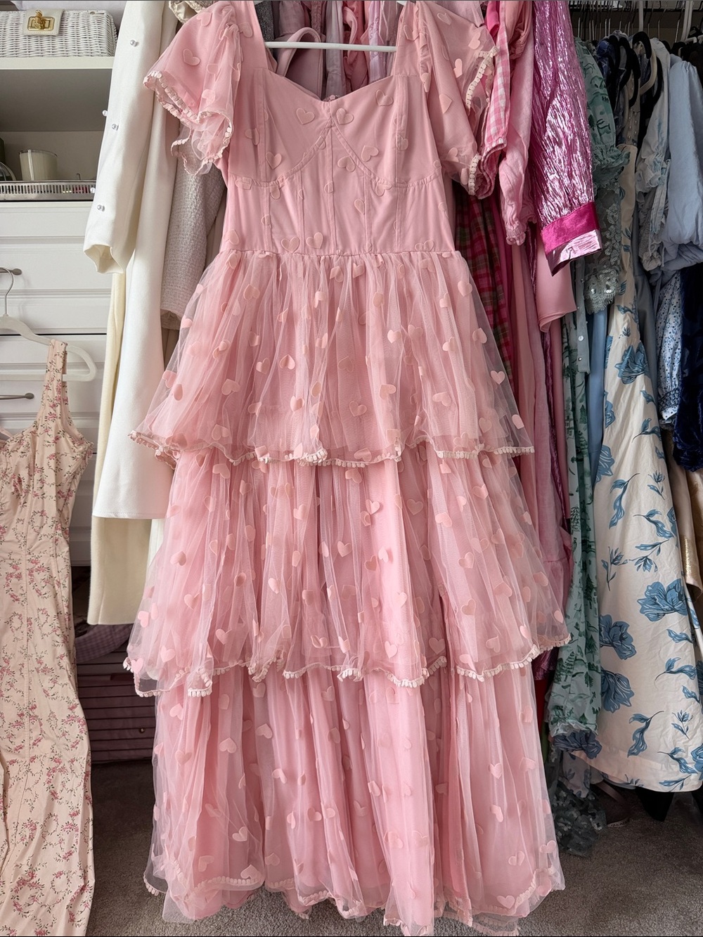 Ivy City Co Pink Tiered Heart Mesh Dress